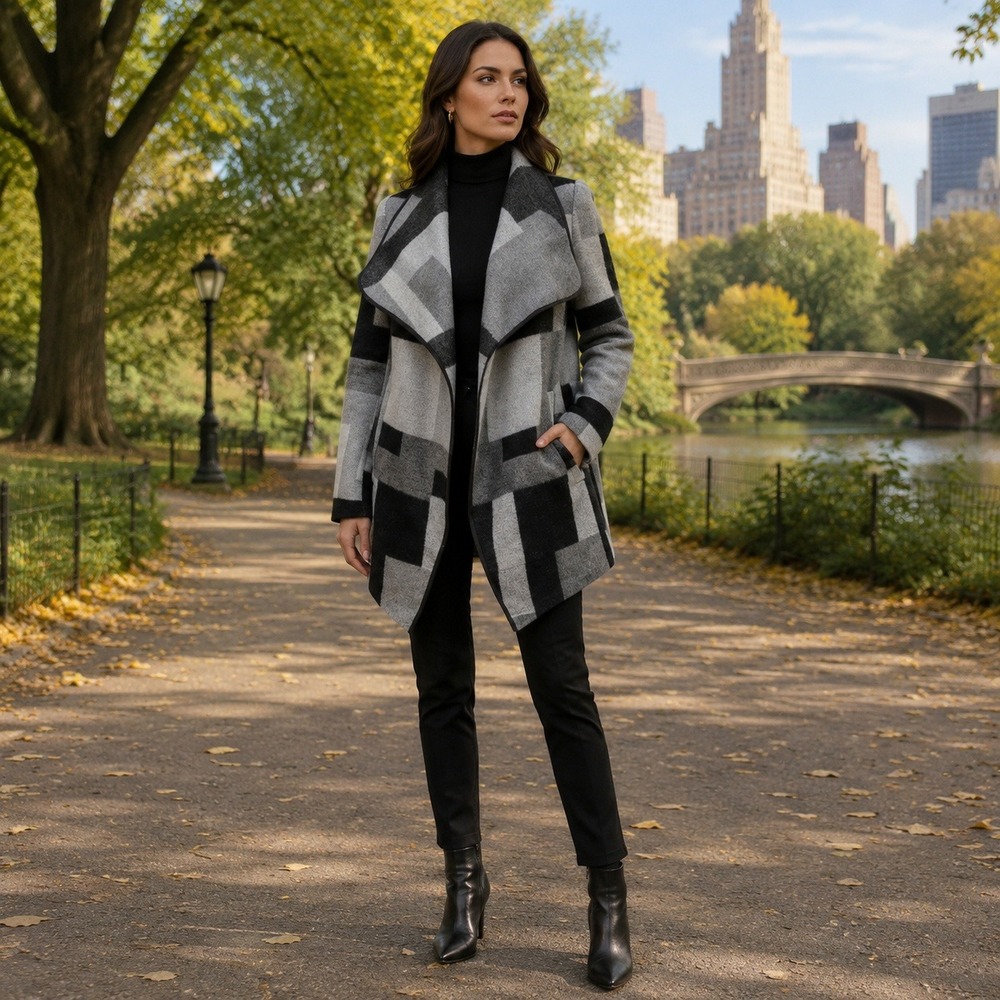 French Connection Grey Black Geometric Colorblock Draped Cardigan Coat XS